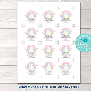 May include: Printable 8.5 x 11 inch PDF sheet with 12 rainbow-themed thank you tags. Each tag features a rainbow with glitter and hearts, and the text "Thank you for making my birthday so sweet." with the name "Love, Kafilech".