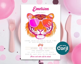 Invitación de cumpleaños con temática de tigre: Rosa y naranja retro (editable) Imprimir o enviar por mensaje de texto