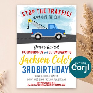 Tow Truck Birthday Invitation, Truck Theme Party Invite, Boys Birthday Invitation, Tow Truck Party, Printable Kids Birthday image 11