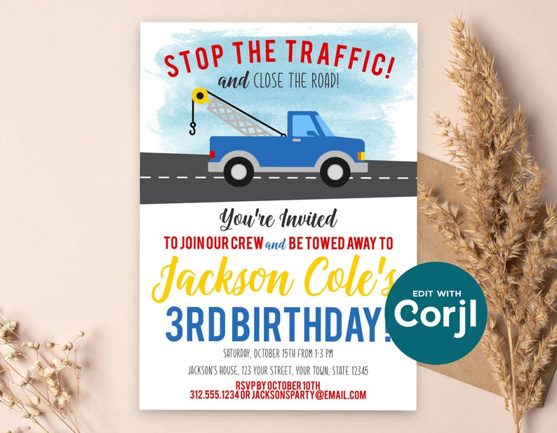 Tow Truck Birthday Invitation, Truck Theme Party Invite, Boys Birthday Invitation, Tow Truck Party, Printable Kids Birthday image 11