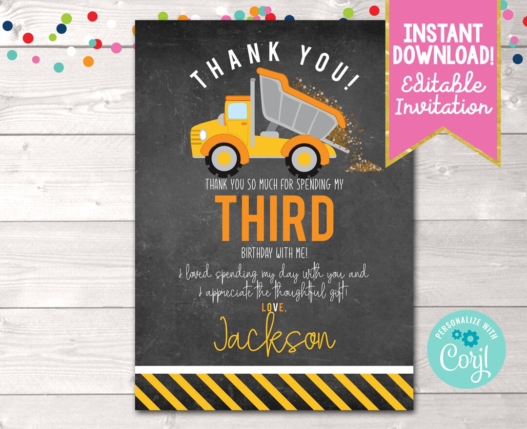 Printable Boys Birthday Party Thank You Card, Editable Dump Truck Thank ...