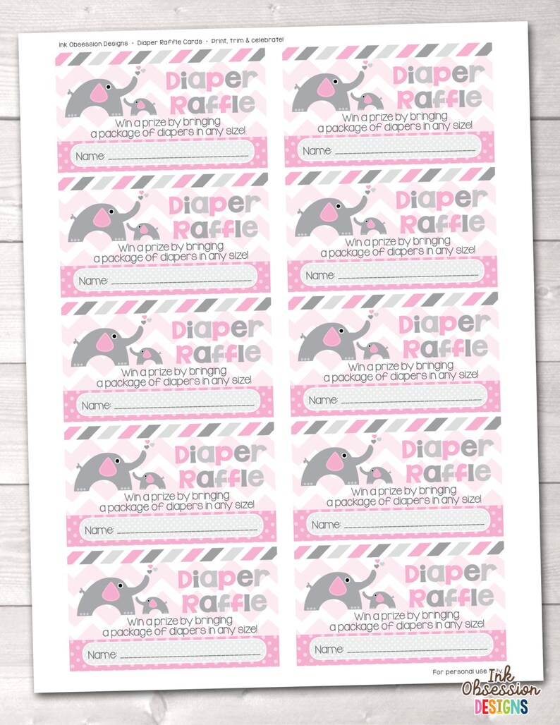 Printable Diaper Raffle Cards Girls Pink Gray Elephants | Etsy