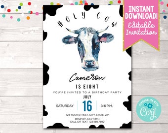 Printable Cow Birthday Party Invitation Editable Boys Farm Holy Cow Birthday Invite Instant Download Barnyard Boys Birthday Party Invitation