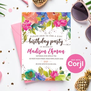 Inbjudan till akvarell blommig födelsedag | Inbjudan till blommig fest | Redigerbar Corjl-mall