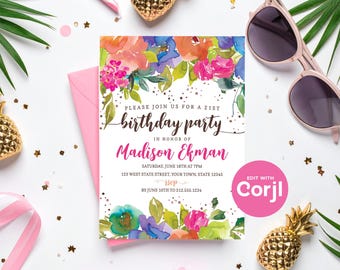 Watercolor Floral Birthday Party Invitation: Editable Printable (Digital Download) Print or Text