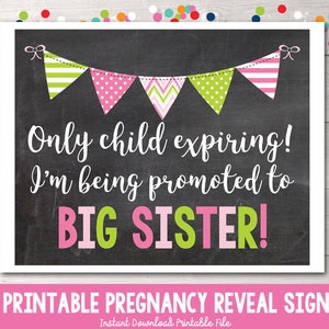 Promoted to Big Sister Printable Pregnancy Reveal Announcement Photo Prop Instant Download Printable PDF Only Child Expiring Sign