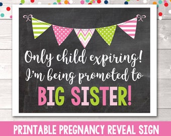 Promoted to Big Sister Printable Pregnancy Reveal Announcement Photo Prop Instant Download Printable PDF Only Child Expiring Sign