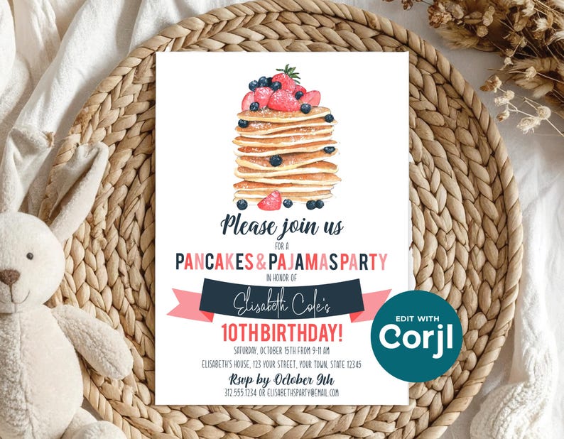 Pancakes & Pajamas Birthday Invitation | Pajama Party Invite | Editable Corjl Template image 9