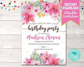 Instant Download Pink Watercolor Flowers Birthday Party Invitation, Editable Floral Birthday Party Invite, Printable Floral Birthday Invite