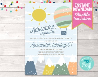 Colorful Adventure Awaits Birthday Party Invitation, Gender Neutral Boys Girls Editable Adventure Birthday Invite Printable Instant Download