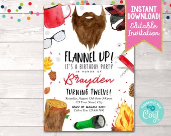 Lumberjack Boys Birthday Party Invitation, Instant Download Flannel Up Camping Birthday Party Invite, Editable Fall Outdoors Birthday Invite