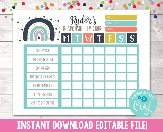 Editable Responsibility Chart, Instant Download Boys Reward Chart ...