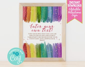 Editable Glitter Rainbow Table Decor Signs, Printable Art Party Rainbow Birthday Party Baby Shower Sign Template Instant Download Party Sign