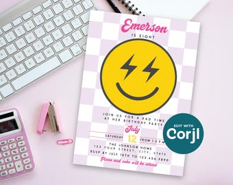 Editable Smiley Face Birthday Party Invitation: Retro Teen Tween (Digital Download) Print or Text