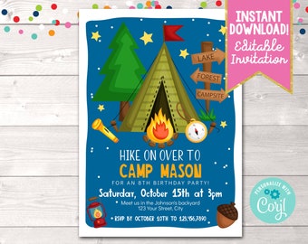 Cute Camping Birthday Party Invitation, Editable Boys Backyard Camping Wilderness Birthday Party Invite Editable Instant Download Template