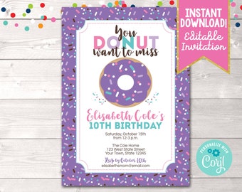 Editable Donut Birthday Party Invitation, Sprinkles Birthday Party Invite in Purple Pink & Blue, Printable Donut Party Birthday Invitation