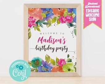 Editable Floral Party Welcome Sign, Instant Download Multi Colored Watercolor Flowers Birthday Baby Bridal Shower Printable Sign Table Decor