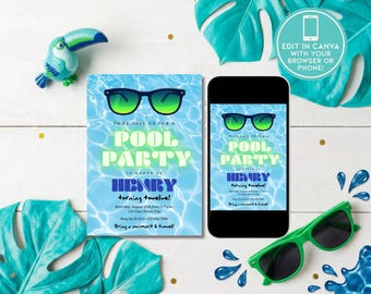 Invitación editable para fiesta en la piscina para chicos / Invitación editable para fiesta de cumpleaños en la piscina en Canva / Plantilla de cumpleaños para fiesta en la piscina para chicos preppy adolescentes en Canva