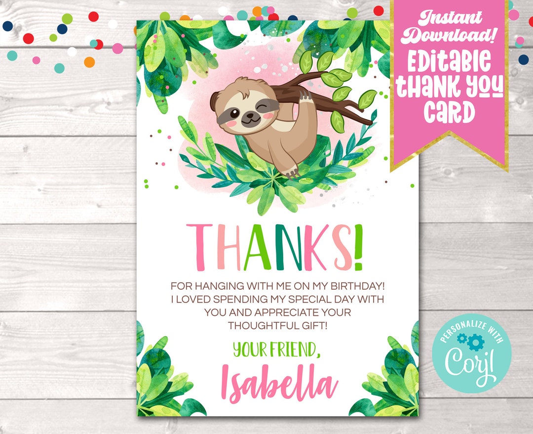 Instant Download Girls Sloth Thank You Card, Editable Girls Birthday Party Thank You, Printable ...