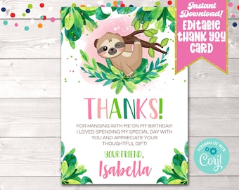 Instant Download Girls Sloth Thank You Card, Editable Girls Birthday Party Thank You, Printable Cute Sloth Thank You Card DIY Digital File