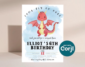 Editable Red Dragon Birthday Invitation: Kids Party Invite (Digital Download) Print or Text