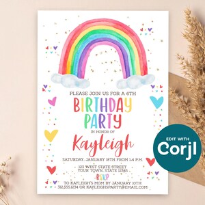 Uitnodiging voor verjaardagsfeestje aquarel regenboog: bewerkbare afdrukbare (digitale download) print of tekst afbeelding 10