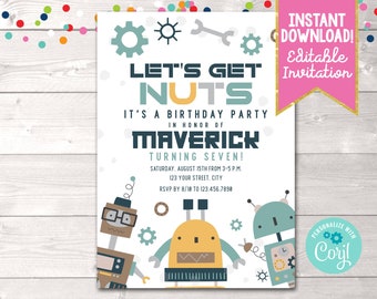 Instant Download Robot Birthday Party Invitation, Editable Let's Get Nuts Robot Printable Birthday Invite, Nuts Bolts Robot Birthday Invite