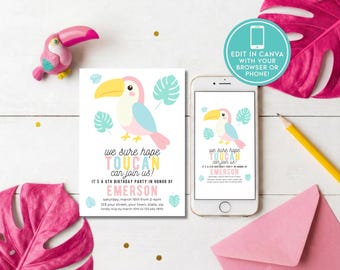 Invitación de cumpleaños para niñas con temática de tucanes / Invitación de cumpleaños editable en Canva con temática tropical / Plantilla de cumpleaños con temática de tucanes