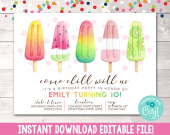 Printable Popsicle Summer Birthday Party Invitation, Editable Girls Popsicle Ice Cream Birthday Party Invite, Instant Download Summer Invite