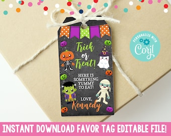 Editable Halloween Trick or Treat Favor Tags, Instant Download Halloween Gift Bag Tags, Printable Halloween Creatures & Pumpkins Favor Tags