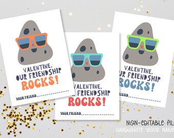 Our Friendship Rocks Valentines Day Cards, DIY Printable Boys Valentines Day Cards for Classroom Party, Editable Kids Valentines Day Cards,