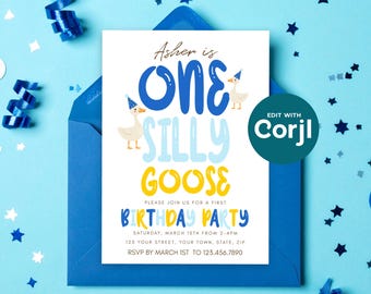 Boys Silly Goose First Birthday Invitation, Editable Party Card (Digital Download)