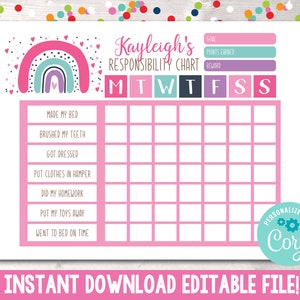 Editable Girls Responsibility Chart, Printable Girls Chore Chart, Rainbow & Hearts Responsibility Chart, Instant Download Reward Chart PDF