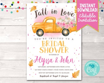 Instant Download Fall in Love Bridal Shower Invitation, Editable Pumpkin Truck Bridal Shower Invite, Couples Fall Bridal Shower Invitation