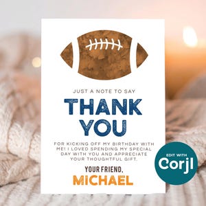 Printable Football Birthday Thank You Card (Corjl Editable, Instant Download)