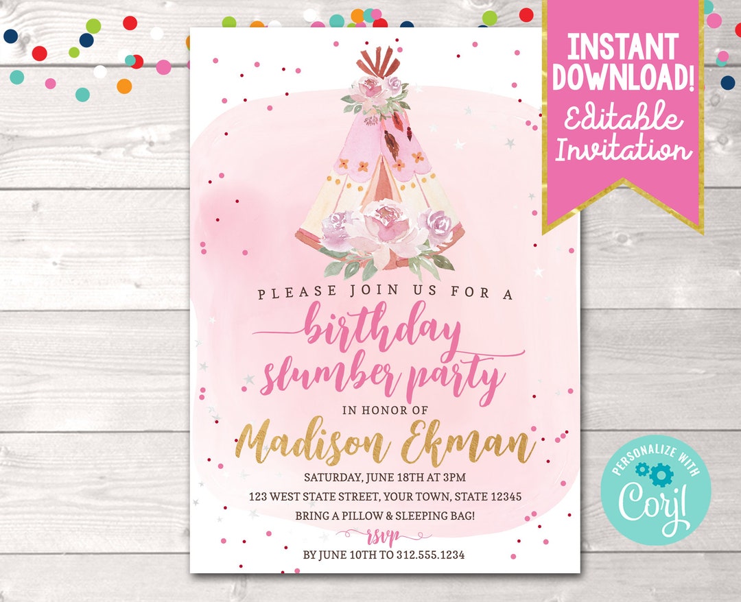 Editable Girls Slumber Party Birthday Invitation, Printable Pink Teepee ...