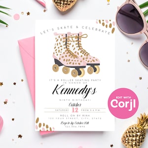 Pink Leopard Roller Skating Birthday Party Invitation (Editable PDF) Print or Text