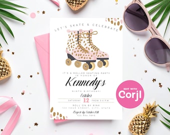 Pink Leopard Roller Skating Birthday Party Invitation (Editable PDF) Print or Text