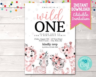 Editable Girls Wild One 1st Birthday Party Invitation, Printable Girls Pink First Birthday Party Invite Instant Download Zoo Safari Animals