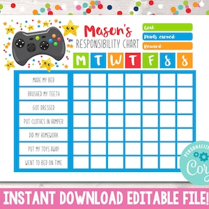 Editable Boys Reward Chart, Video Game Responsibility Chart, Printable Boys Chore Chart, Instant Download Printable Video Game Reward Chart