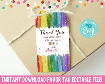 Editable Rainbow Favor Tag, Instant Download Birthday Party Favor Tag, Printable Girls Tween Teen Birthday Bag Gift Tag, Art Party Favor Tag