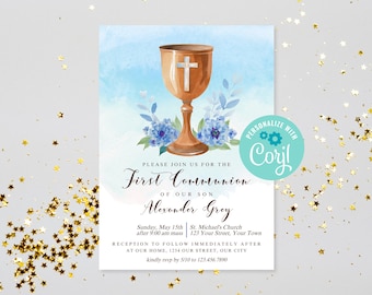 Instant Download Boys First Communion Invitation, Editable Catholic Boys First Communion Invitation Blue Floral Watercolor Printable PDF