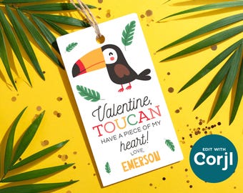 Tarjetas de San Valentín editables para fiestas en el aula, etiquetas imprimibles en PDF con tucán para el Día de San Valentín.