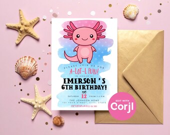 Pink Axolotl Birthday Party Invitation (Editable, Digital Download) Print or Text