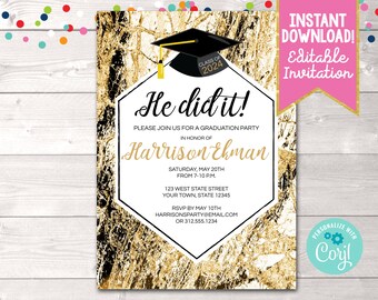 Editable Graduation Party Invitation, Printable Black Gold Marble Graduation Party Invite, Instant Download Boys or Girls Graduation Invite