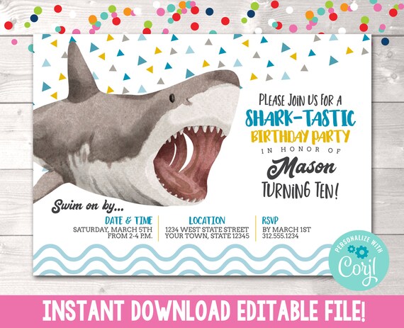 Printable Shark Birthday Party Invitation, Boys Editable Shark Birthday ...