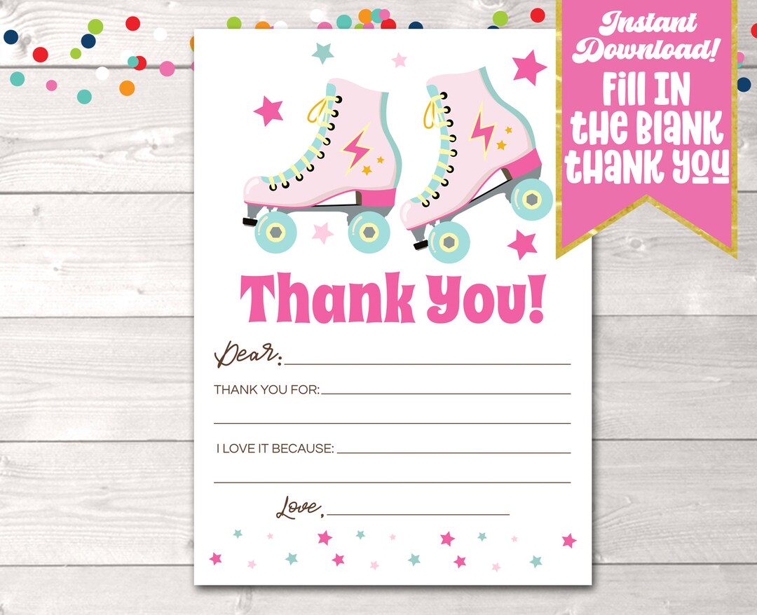 Retro Roller Skating Party Fill in the Blank Thank You Card Printable ...