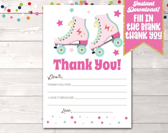 Retro Roller Skating Party Fill In the Blank Thank You Card Printable PDF, Instant Download Girls Blank Thank You Card Design in Pink