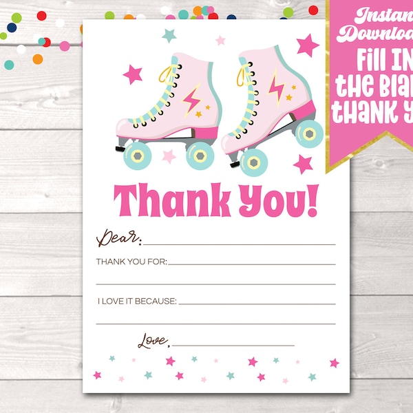 Retro Roller Skating Party Fill In the Blank Thank You Card Printable PDF, Instant Download Girls Blank Thank You Card Design in Pink