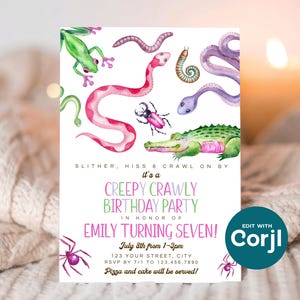不気味な這い回る誕生日パーティー招待状：爬虫類と虫（デジタルダウンロード）印刷またはテキスト